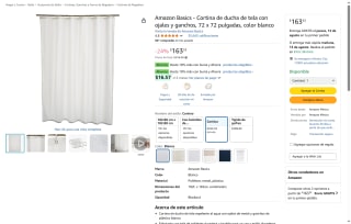 Cortina de ducha 72x72" blanco por $164 | Oferta Amazon