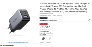 UGREEN Nexode 65W USB C-oplader USB C Charger 3-poorts voor €25,98 bij Amazon