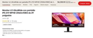 Monitor LG UltraWide IPS WFHD 29" por $4,299