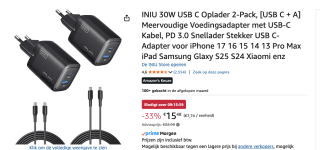 iNIU 30W USB-C Oplader 2-Pack voor €15,48 bij Amazon