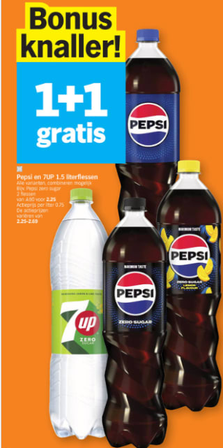1+1 gratis op Pepsi en 7UP 1,5 L flessen bij Albert Heijn