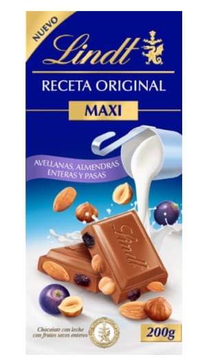Chocolate con leche avellanas y pasas LINDT, tableta 200 g por 3€