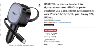 UGREEN Intrekbare autolader 75W sigarettenaanstekervoor €20,98 bij Amazon