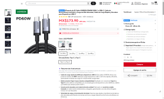 2 Cables Cargadores UGREEN 60W 1m por $88 | AliExpress