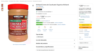 Kirkland Crema de Cacahuate Orgánica (793.8g) por $126 en Amazon