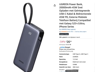 UGREEN Power Bank, 20000mAh 45W voor €26,58 bij Amazon
