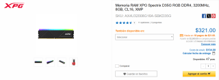 RAM XPG Spectrix D35G DDR4 3200MHz 8GB por $321 | Descuento CyberPuerta
