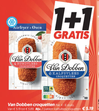 Van Dobben Kalfsvlees Croquetten 1+1 gratis bij Dekamarkt
