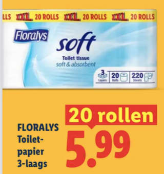 FLORALYS toiletpapier 3-laags XXL (20 rollen) voor €5,99 bij Lidl