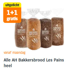 Alle AH Bakkersbrood Les Pains heel 1+1 gratis bij de AH