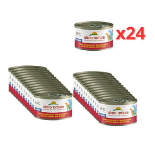 Pack 24×95gr Almo Nature comida húmeda para perro se buey con jamón por 11.99€.