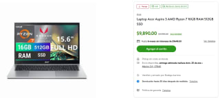 Laptop Acer Aspire 3 Ryzen 7 16GB 512GB por $9,590 | Oferta Walmart
