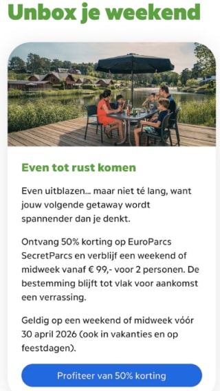 50% korting op weekend of midweek verblijf in EuroParcs SecretParcs voor KPN leden
