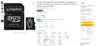 MicroSD Kingston 256GB U3 V30 en $355 | Oferta Amazon