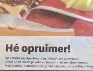 Gratis kop koffie of thee bij inlevering van vuilniszak zwerfafval bij McDonald's.