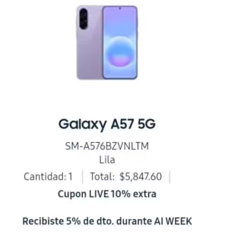 Samsung Galaxy A57 256GB por $2,499