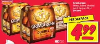 Grimbergen Tripel, Dubbel of Blond sixpack voor €4,99 bij Nettorama