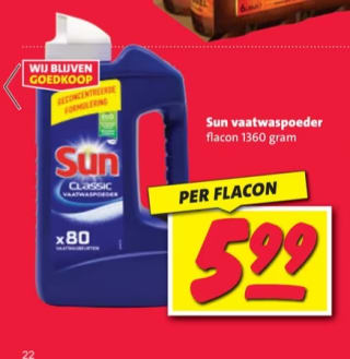 Sun Classic Vaatwaspoeder 80 wasbeurten voor €5,99 bij Vomar