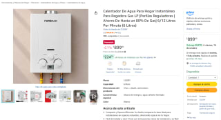 Calentador de agua instantáneo Gas LP 6 L/min (6 L) por $899 en Amazon