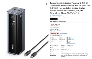 Baseus EnerGeek Laptop Powerbank, 145 W, 20800 mAh voor €36,44 bij Amazon