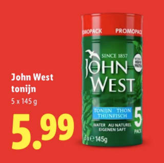 5 blikjes John West tonijn in water voor €5,99 bij de Lidl