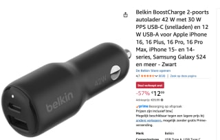 Belkin BoostCharge 2-poorts autolader 42 W voor €12,99 bij Amazon