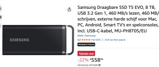 Samsung T5 EVO 8TB Zwart voor €558,99 bij Amazon