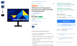 Monitor LED 22" Samsung S3 Essential Full HD por $1,071 en Mercado Libre