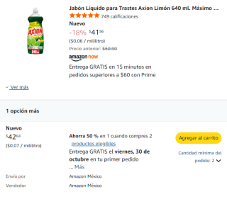 Axion lavatrastes 640ml por $24 en Amazon