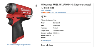 Milwaukee M12FIW14-0 FUEL slagmoersleutel 1/4" SD voor €87,63 bij Amazon