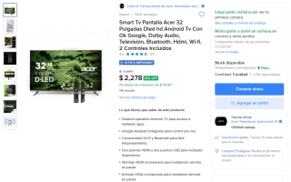 Smart TV Acer 32" HD por $2,278 | Oferta Mercado Libre