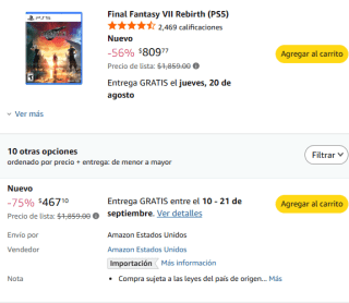 Final Fantasy VII Rebirth (PS5) por $467 en Amazon
