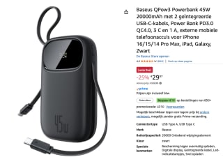 Baseus Qpow Digital Display 20000 mAh, powerbank voor €29,97 bij Amazon
