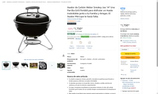 Asador Carbón Weber Smokey Joe 14" por $1,750 | Amazon