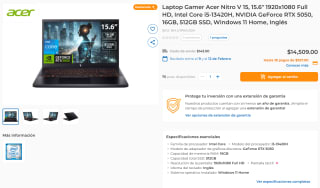 Acer Nitro V 15 FHD 15.6" i5-13420H 16GB 512GB RTX 5050 por $14,509 | CyberPuerta