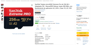 SanDisk Tarjeta microSDXC Extreme Pro de 256 GB por $1,066 en Amazon