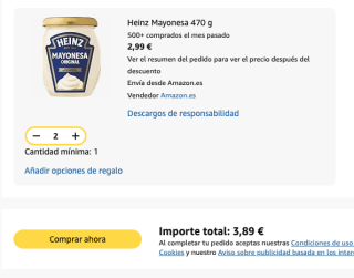 2 botes Heinz Mayonesa 470 g por solo 3.89€