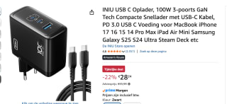 INIU USB C Oplader, 100W 3-poorts GaN Tech Compacte Snellader voor €28,24 bij Amazon