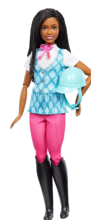 Barbie HXJ39 Brooklyn jinete muñeca afroamericana equitación casco azul serie Netflix