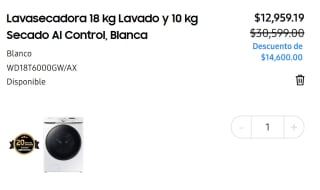 Lavasecadora 18 kg Lavado y 10 kg Secado AI Control por $11,959 | Samsung Banamex