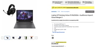 Laptop HP Victus 15-FB2002LA + Audífonos HyperX Cloud Stinger 2 por $11,499