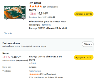 Pantalla JVC 70" 4K por $8,890 | Oferta Amazon