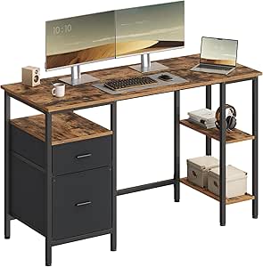 VASAGLE Escritorio, Mesa de Ordenador, Mesa de Oficina, con 3 Estantes, 2 Cajones, 12