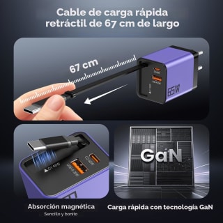 YSSTKFD Cargador USB C 65W GAN con cable retráctil por 16,24€ en Amazon
