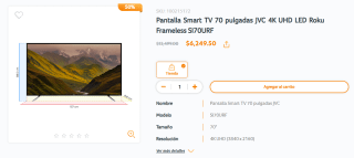 Smart TV 70" JVC 4K UHD LED Roku Frameless SI70URF por $6,250 | RadioShack