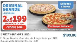 2 Pizzas Grandes 1 Ingrediente por $199 o 2 Grandes con 3 o 4 en $300 | Domino's