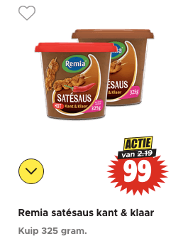 Remia satésaus kant & klaar voor €0,99 bij Dirk