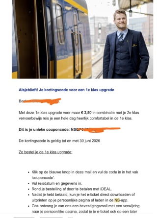 NS 1e klas upgrade voor 2,50 euro
