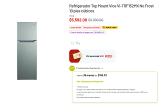 Refrigerador Top Mount Vios VI-TRF152MX 10 pies cúbicos por $4,992 en Soriana