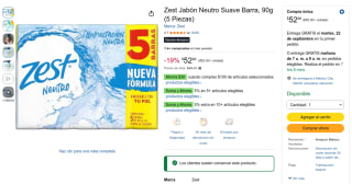 Zest Jabón Neutro Suave Barra, 90g (5 Piezas) por $38 en Amazon